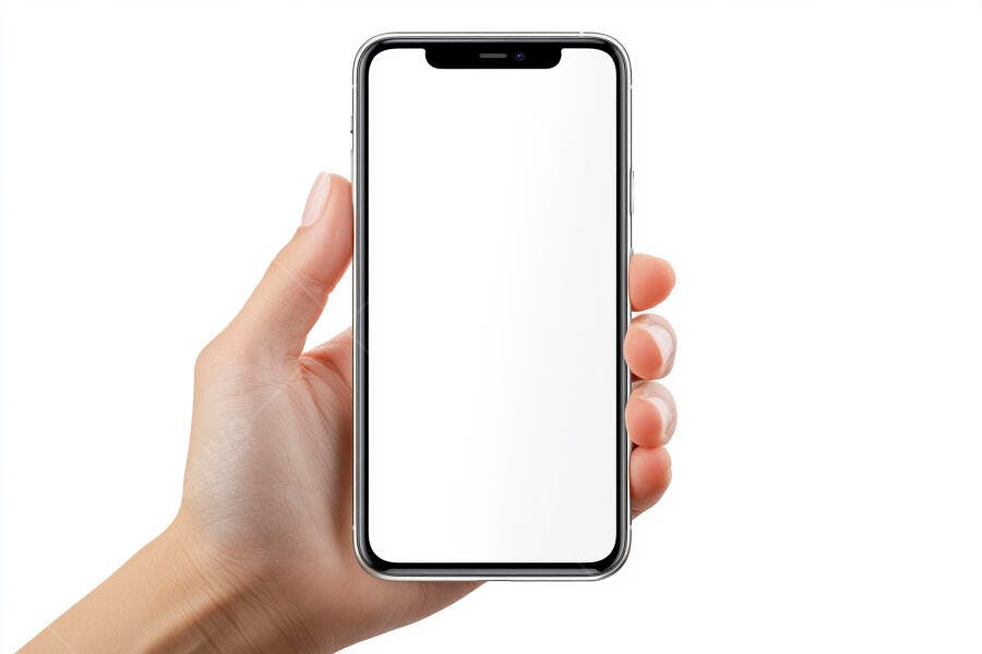 Mão de mulher segurando smartphone moderno com tela branca isolado