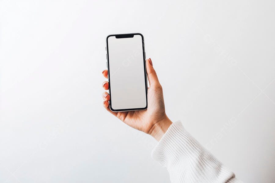 Mão feminina segurando smartphone moderno com tela em branco