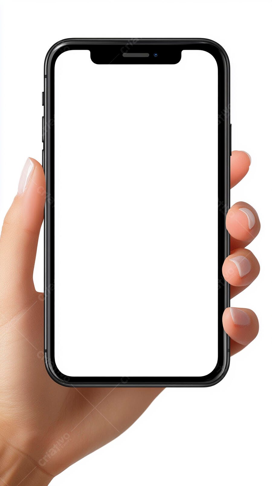 Mão segurando smartphone preto tela branca para mockup em fundo branco moderno