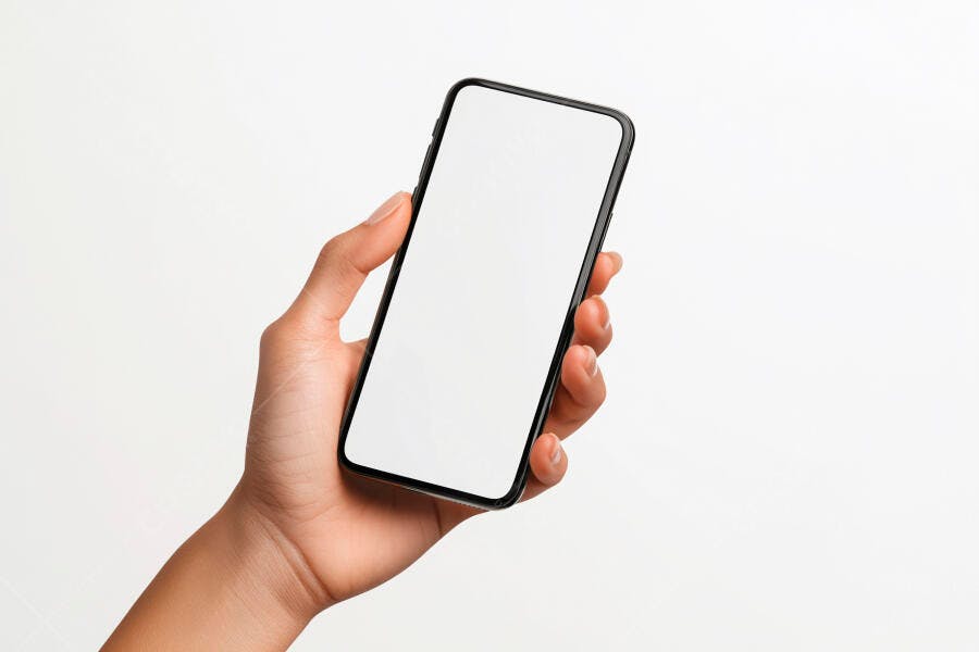 Mão segurando smartphone preto com tela branca vazia em fundo branco isolado