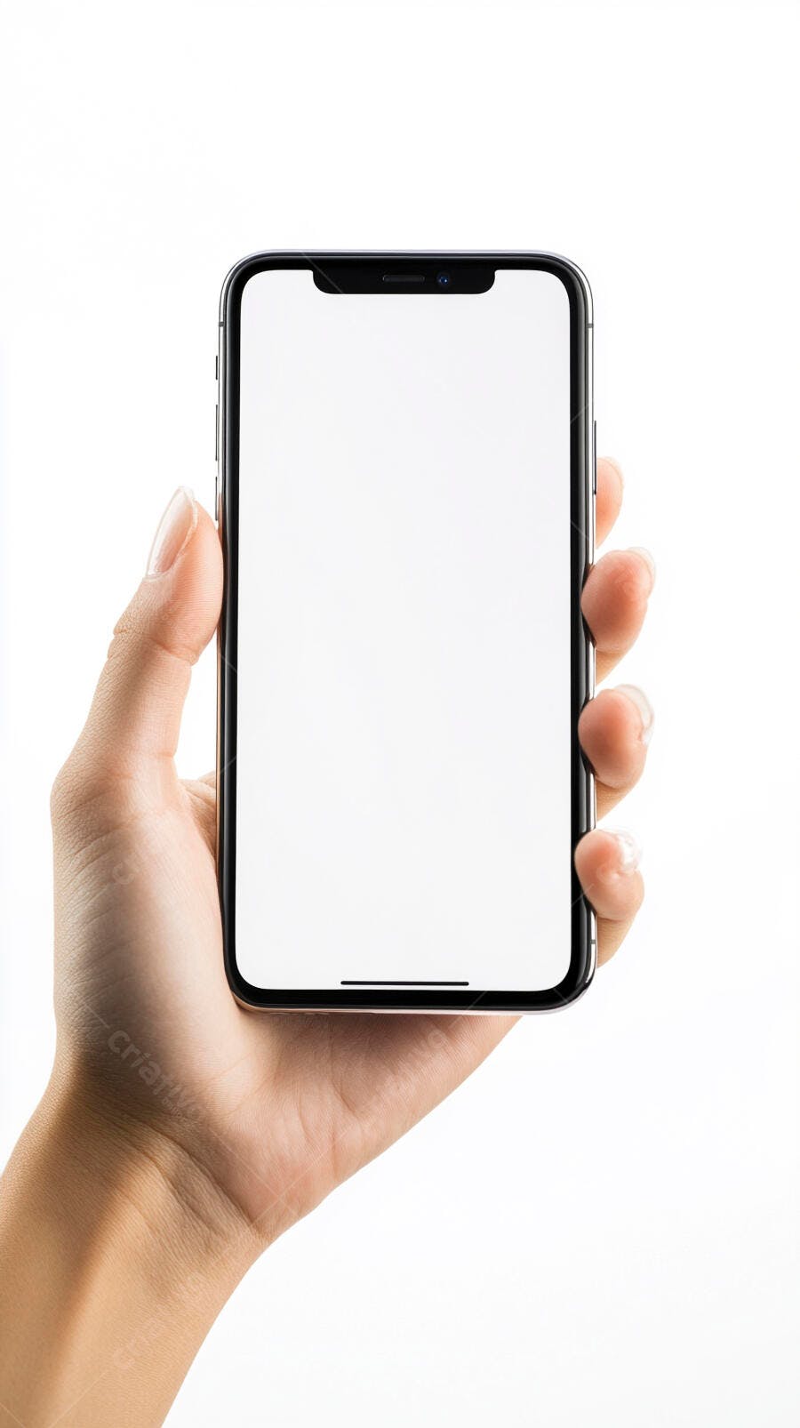 Mão segurando smartphone moderno com tela branca em fundo isolado