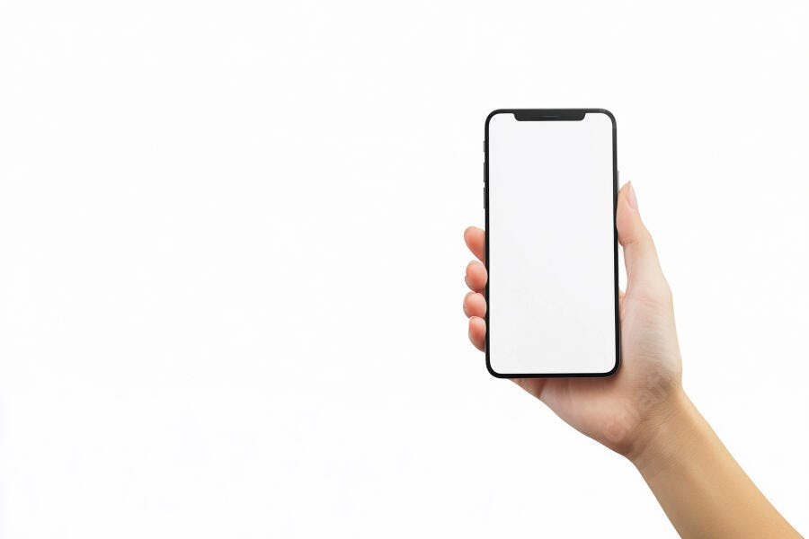 Mão segurando smartphone tela branca isolado fundo branco