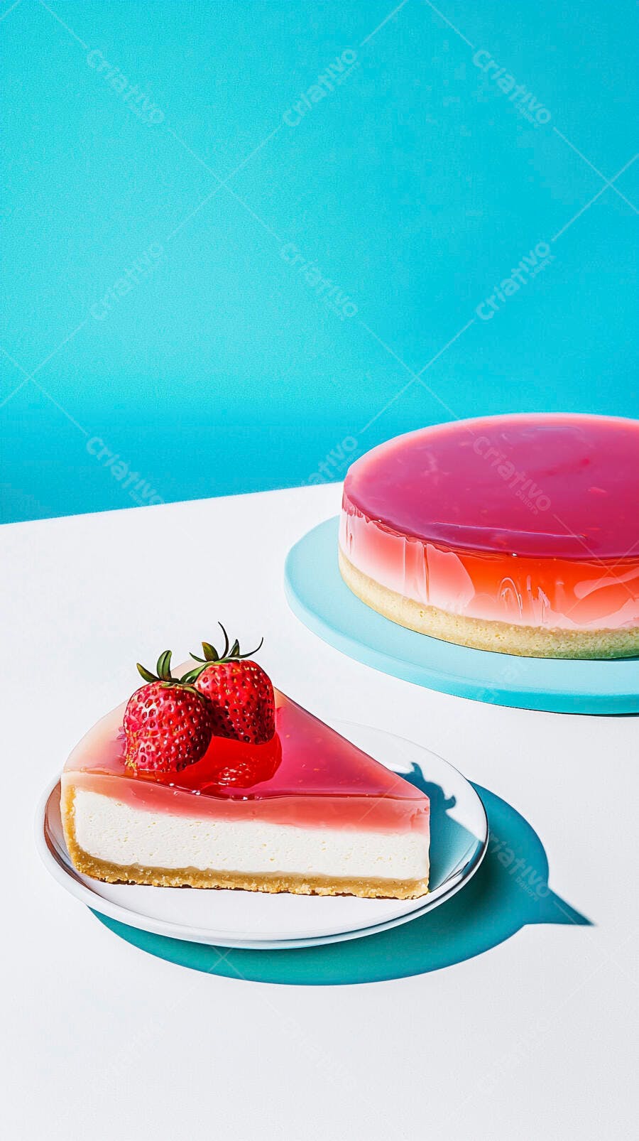 Cheesecake de morango fresco com fatia e bolo inteiro em estúdio azul