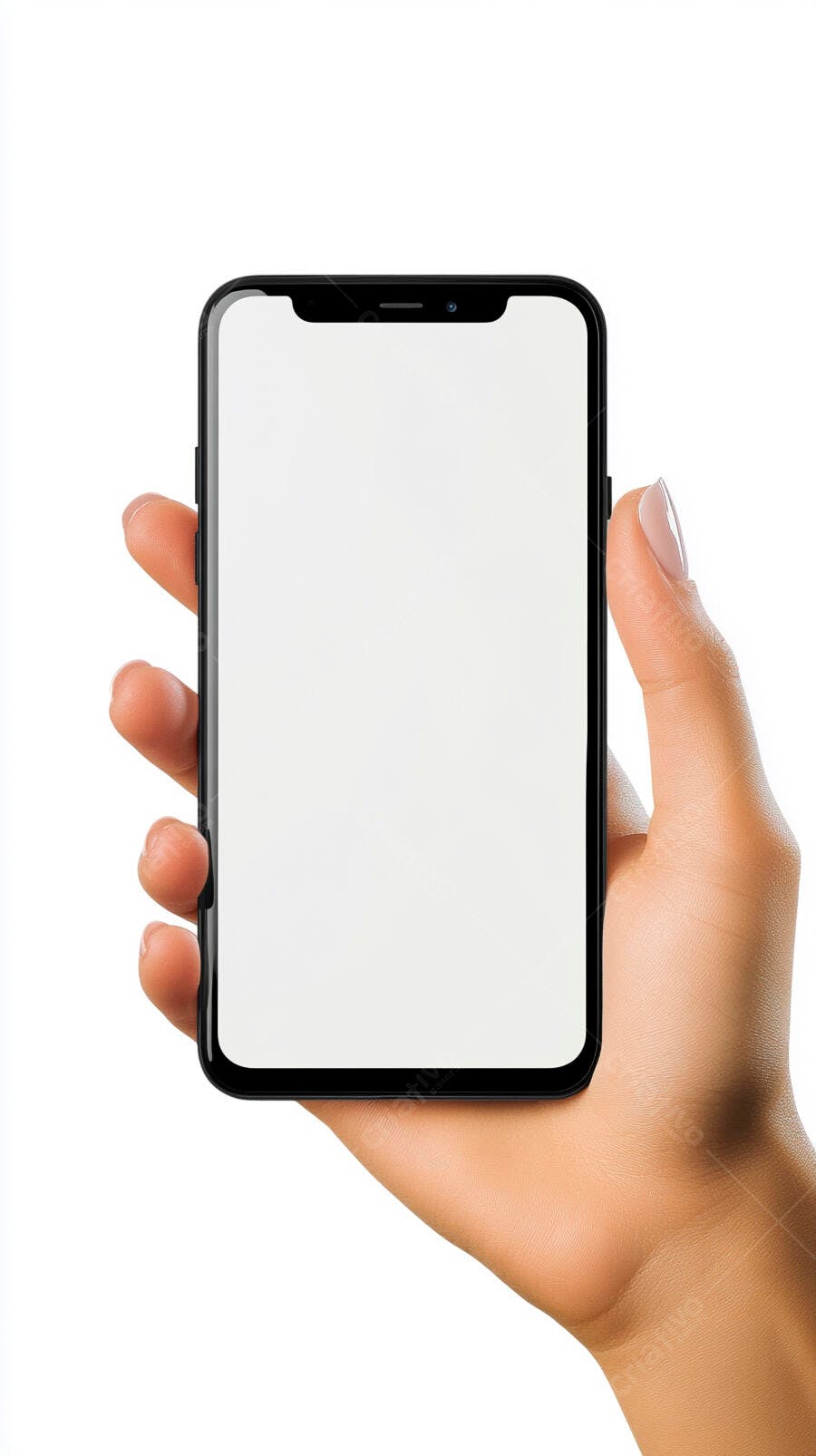 Mão feminina segurando smartphone preto com tela branca isolado