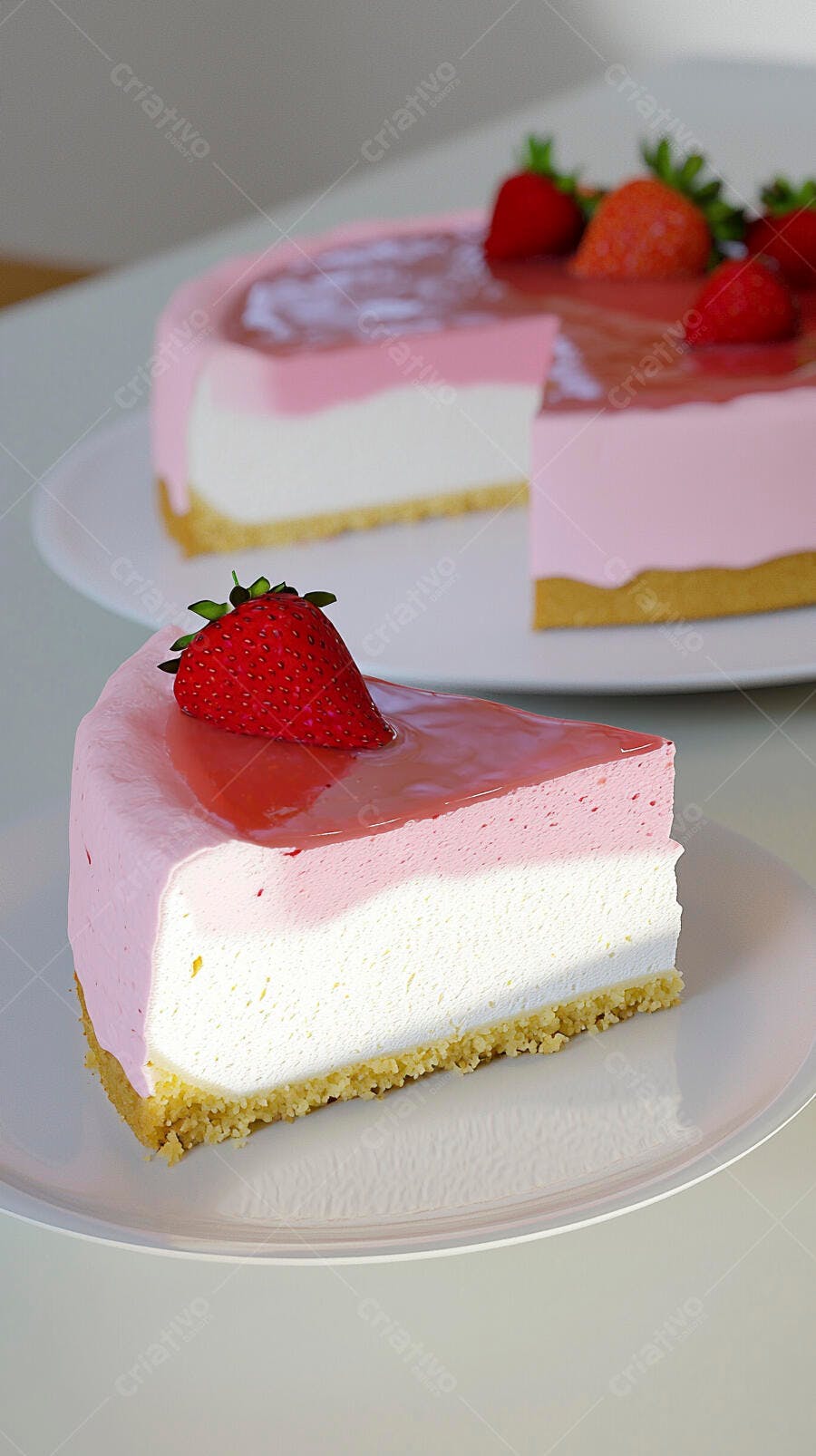 Fatia de cheesecake de morango com calda rosa e morango fresco