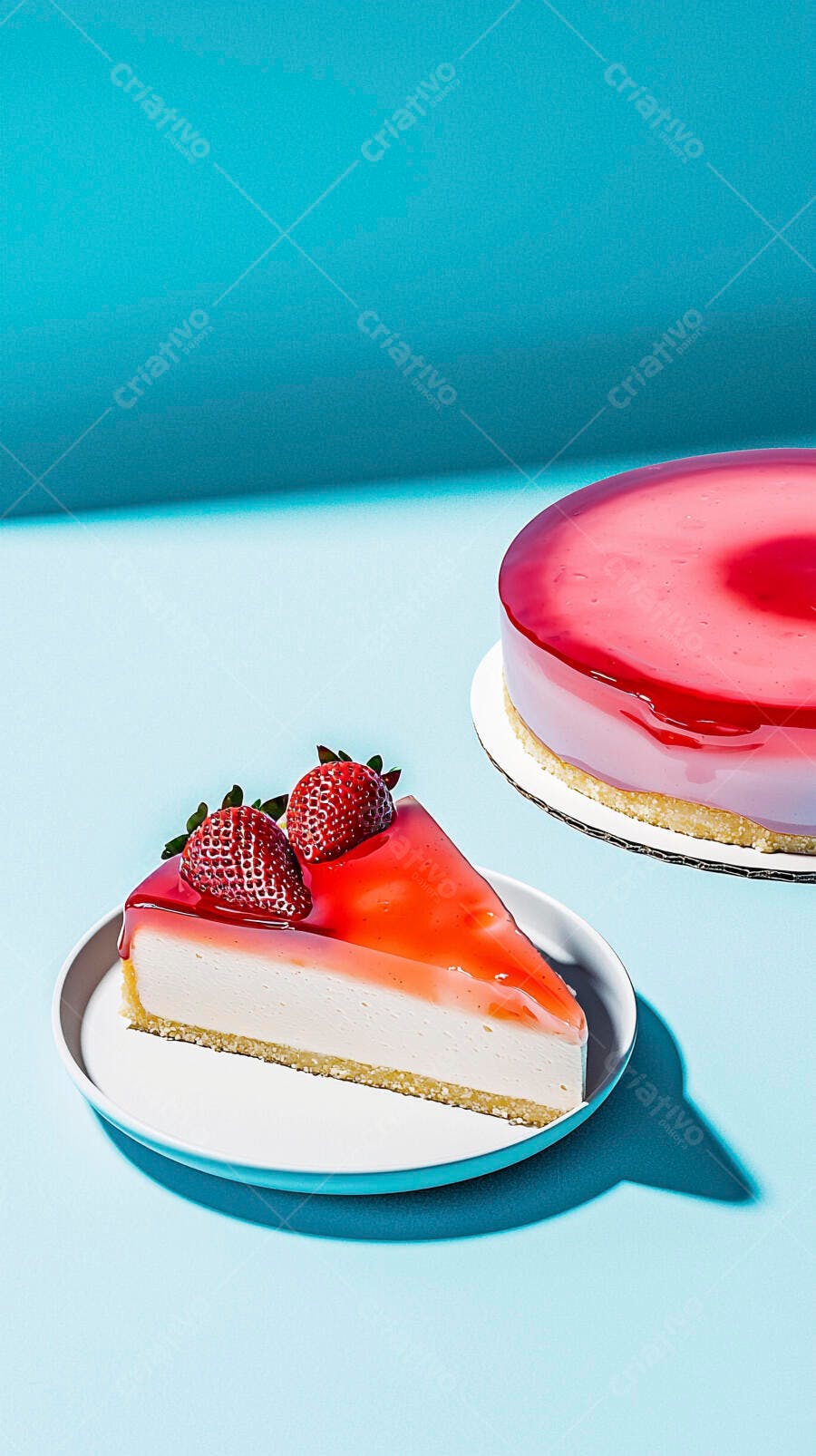 Cheesecake de morango fatia e inteiro em fundo azul vibrante
