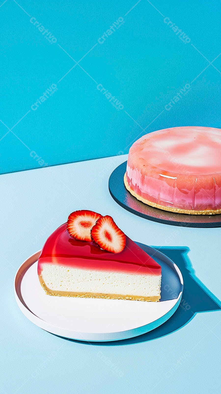 Fatia de cheesecake de morango e bolo fresco com cobertura vermelha em fundo azul