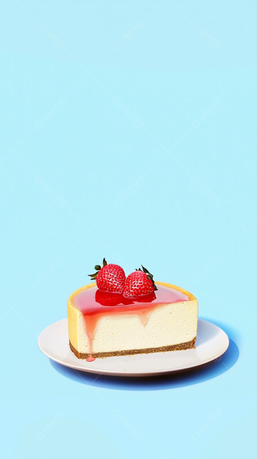 Fatia de cheesecake com cobertura de morango e frutas frescas em fundo azul claro