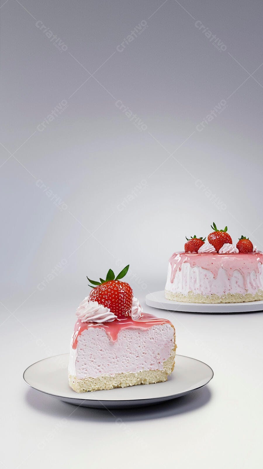 Fatia de bolo de morango rosa com chantilly e calda em fundo branco