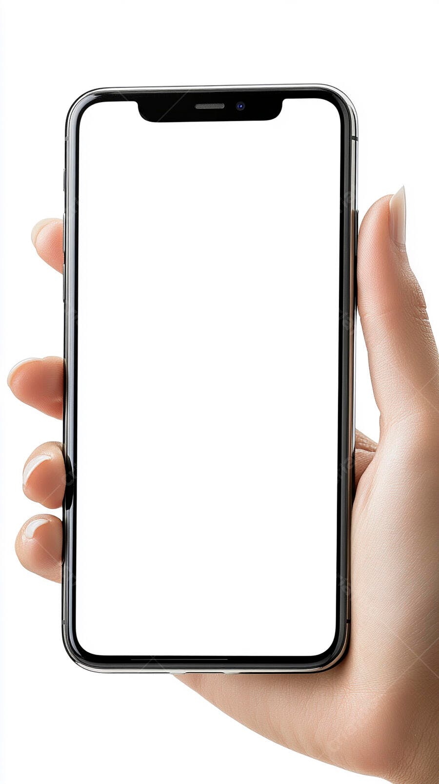 Mão feminina segurando smartphone tela branca isolado em fundo branco