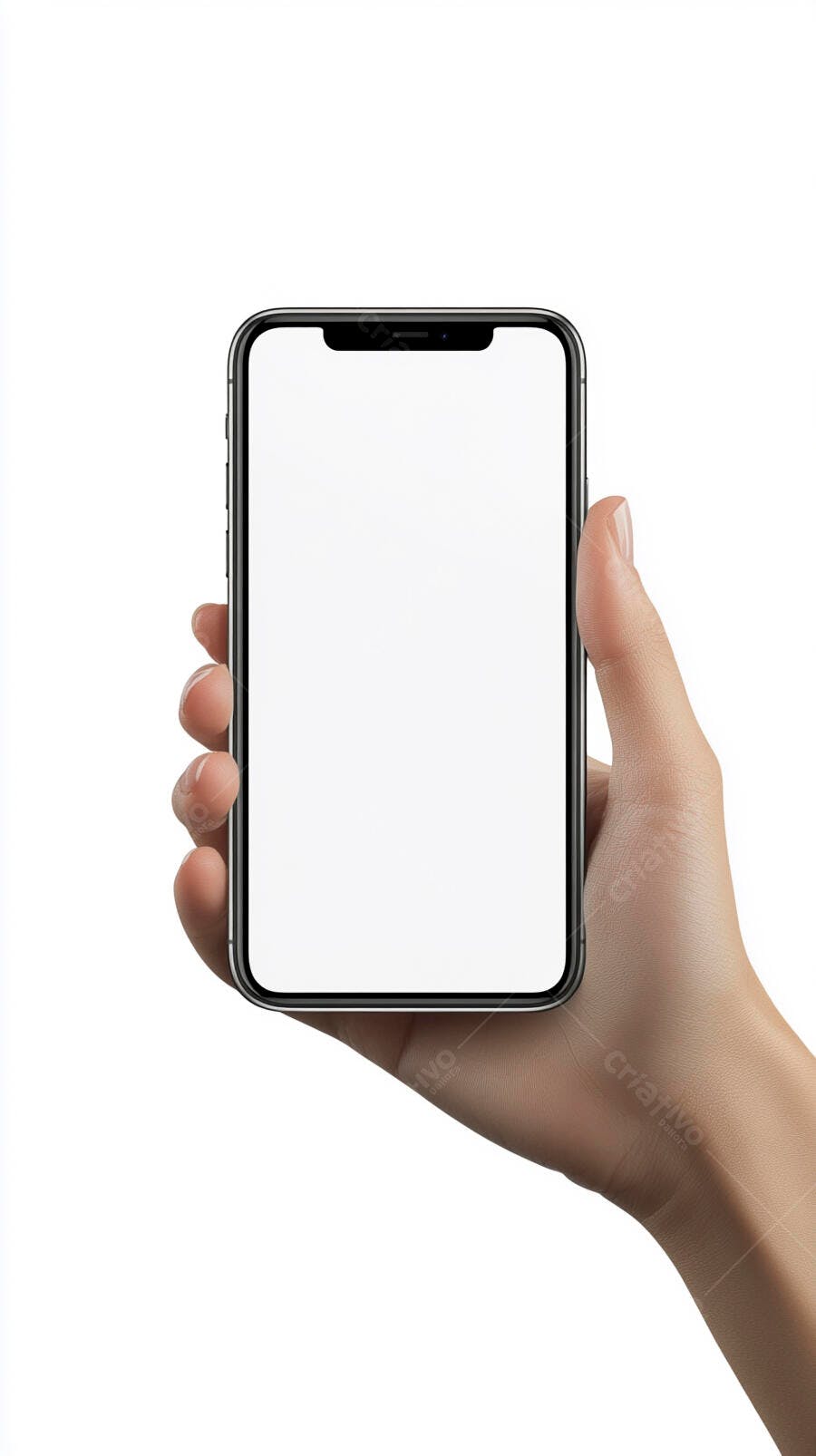 Mão de cor clara segurando smartphone preto com tela branca isolada