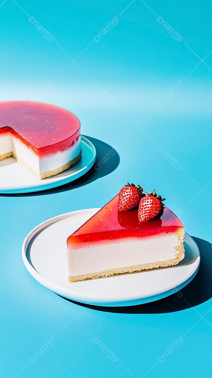 Fatia de cheesecake de morango fresco e torta inteira em cenário azul