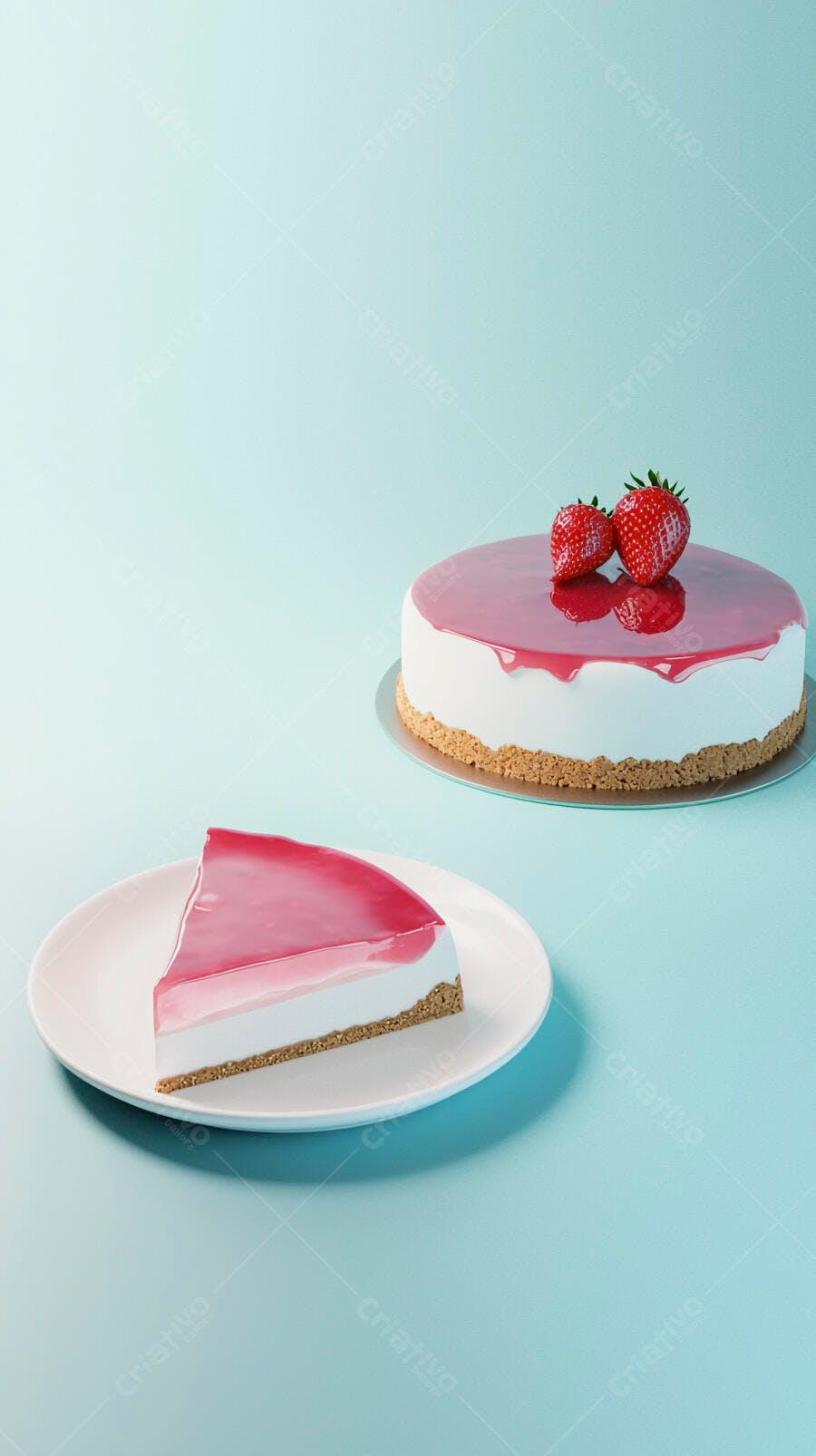 Cheesecake com calda de morango e fatia em prato branco fundo azul claro