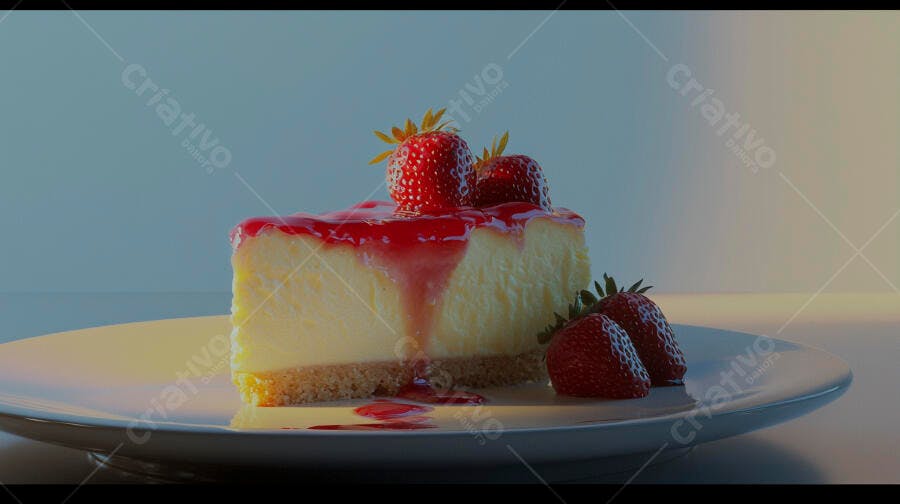 Cheesecake cremoso com calda de morango e frutas frescas no prato branco