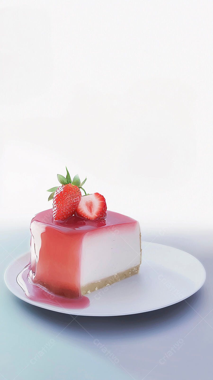 Cheesecake cremoso de morango com cobertura vermelha em prato branco