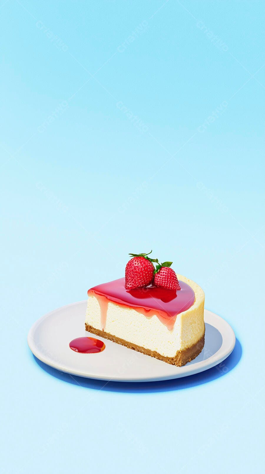 Fatia de cheesecake com calda de morango em prato branco e fundo azul claro