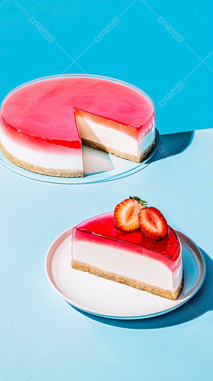 Torta de cheesecake com calda de morango e fatia fresca em fundo azul