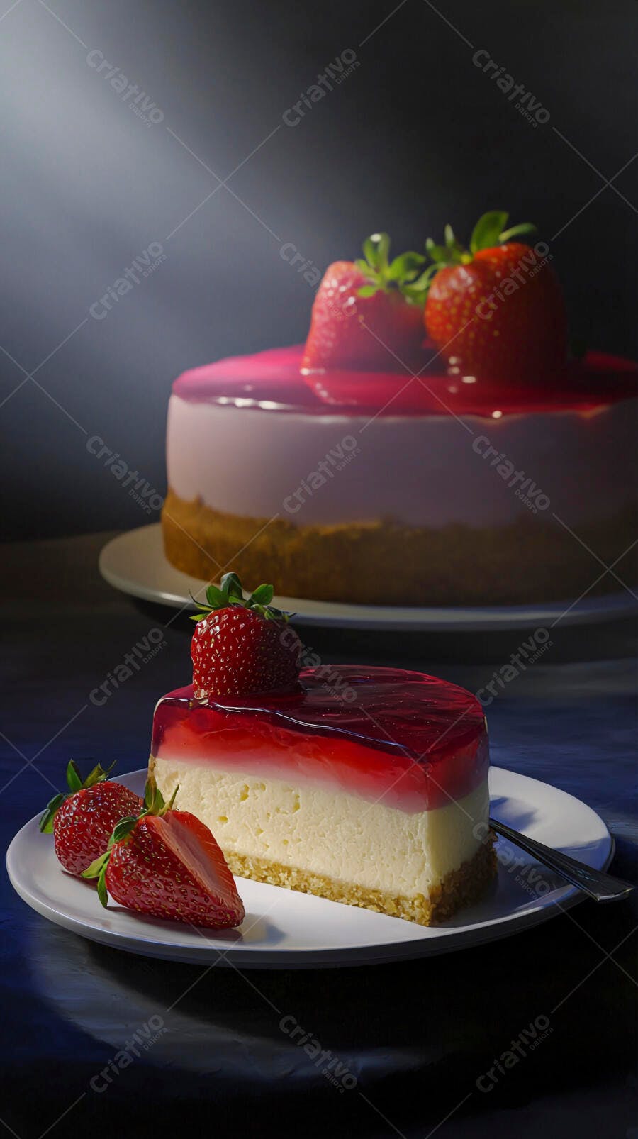 Fatia de cheesecake de morango com geléia brilhante e fruta fresca em fundo escuro