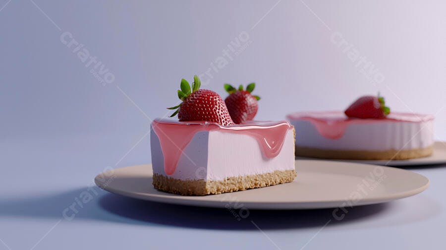 Cheesecake de morango fatia e inteiro com calda rosa