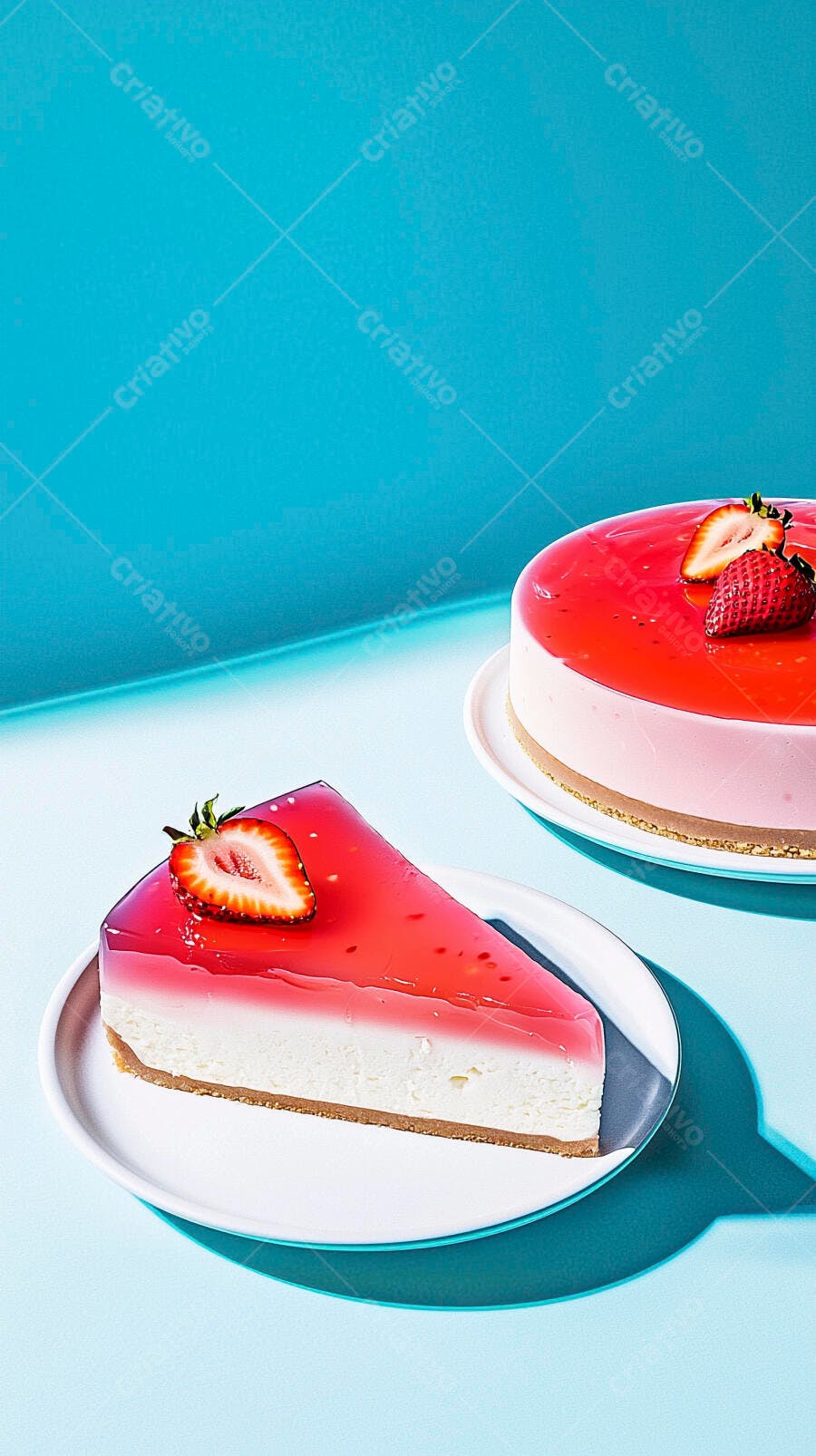 Bolo de morango e cheesecake em fundo azul vibrante