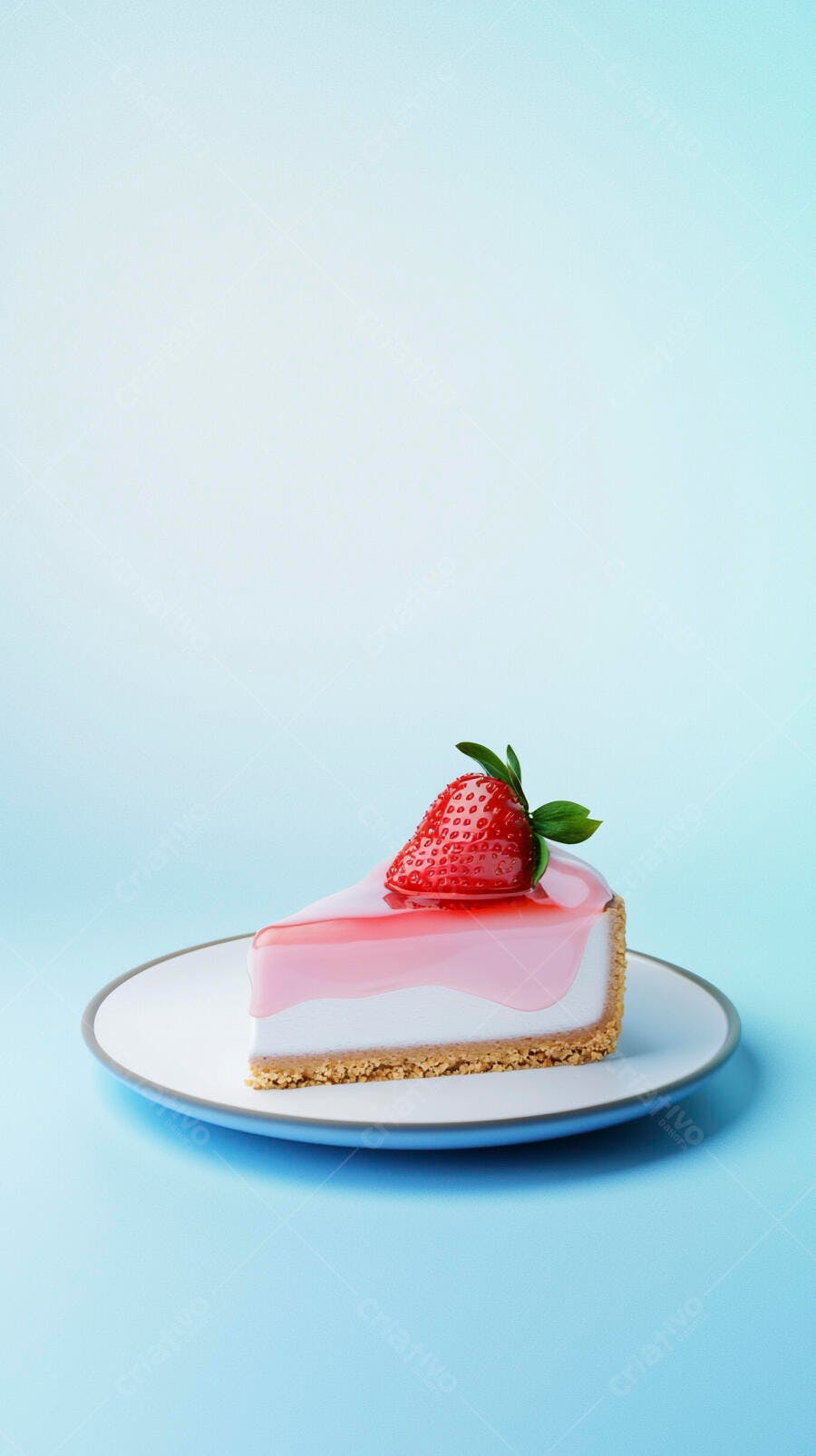 Fatia de cheesecake de morango fresco com cobertura rosa em prato branco