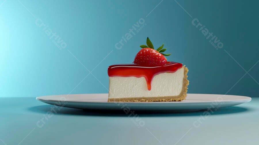Cheesecake de morango fresco em prato branco sobre fundo azul claro