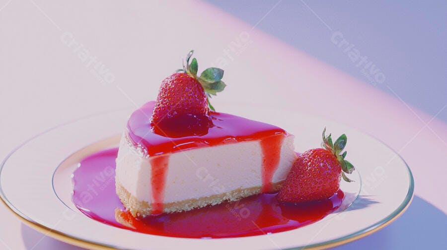 Fatia de cheesecake com calda de morango e frutas frescas em prato branco