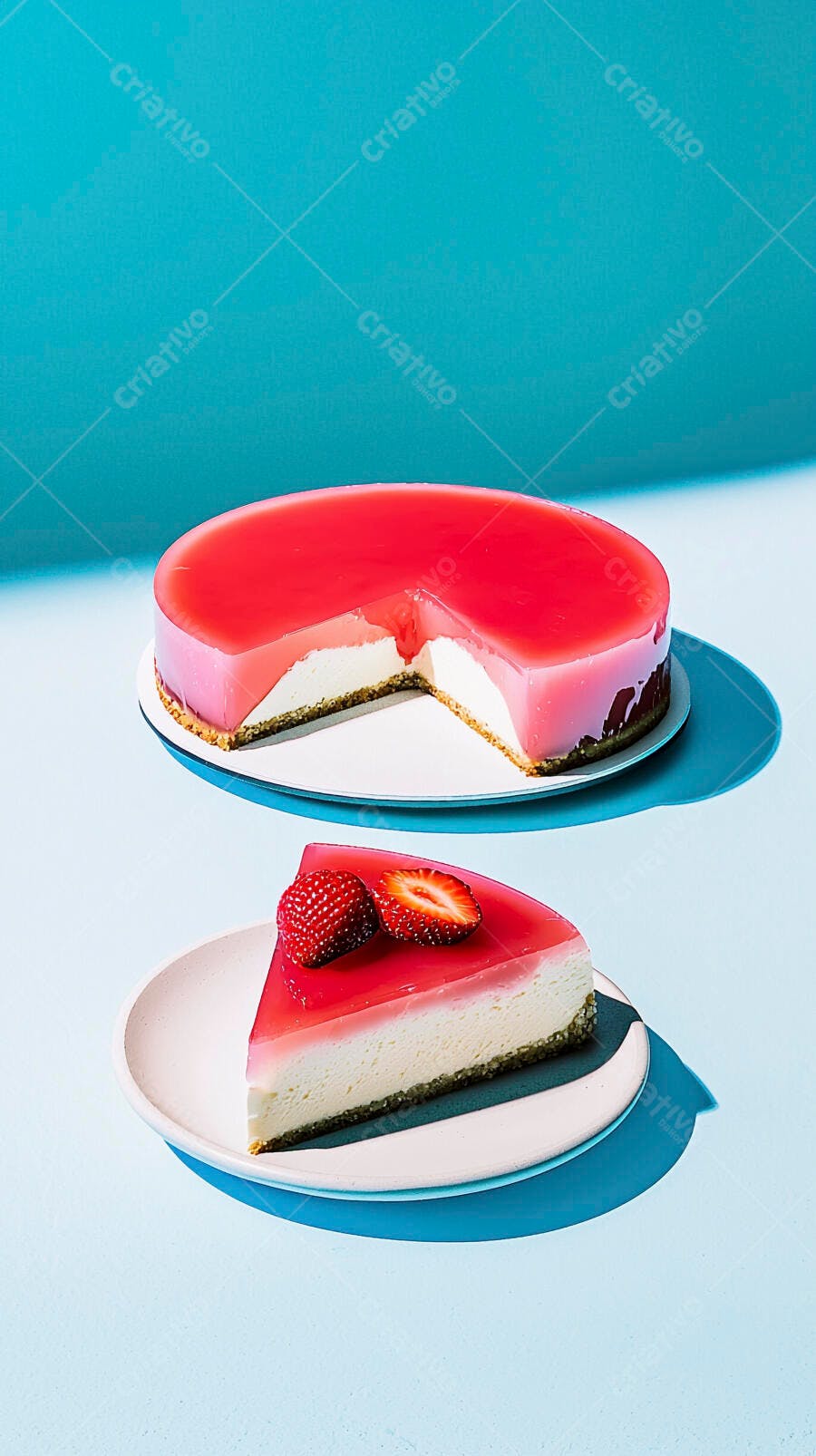 Cheesecake com geleia de morango e uma fatia em fundo azul turquesa vibrante