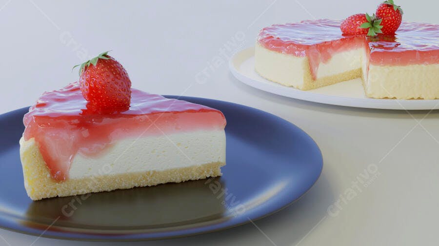 Fatia de cheesecake de morango fresco em prato azul com bolo completo ao fundo