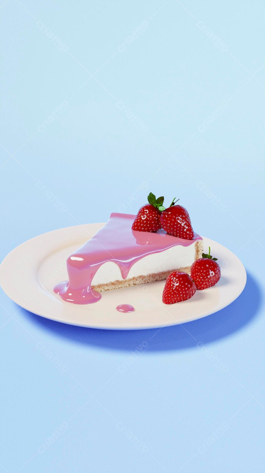 Fatia de cheesecake com calda rosa e morangos frescos em fundo azul