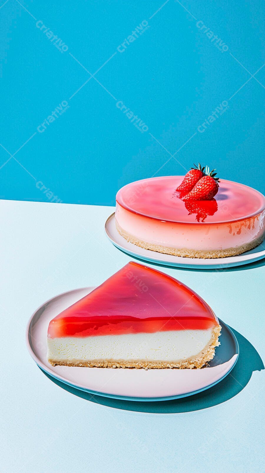Cheesecake de morango inteiro e fatia em fundo azul vibrante