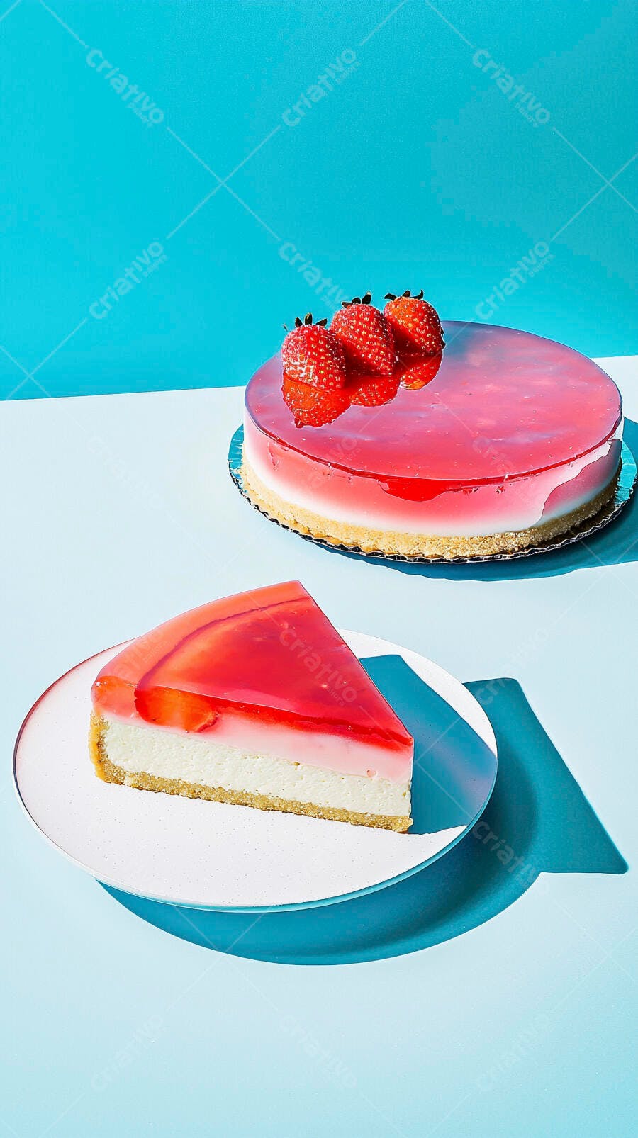 Cheesecake de morango com gelatina vermelha e morangos frescos em fundo azul claro