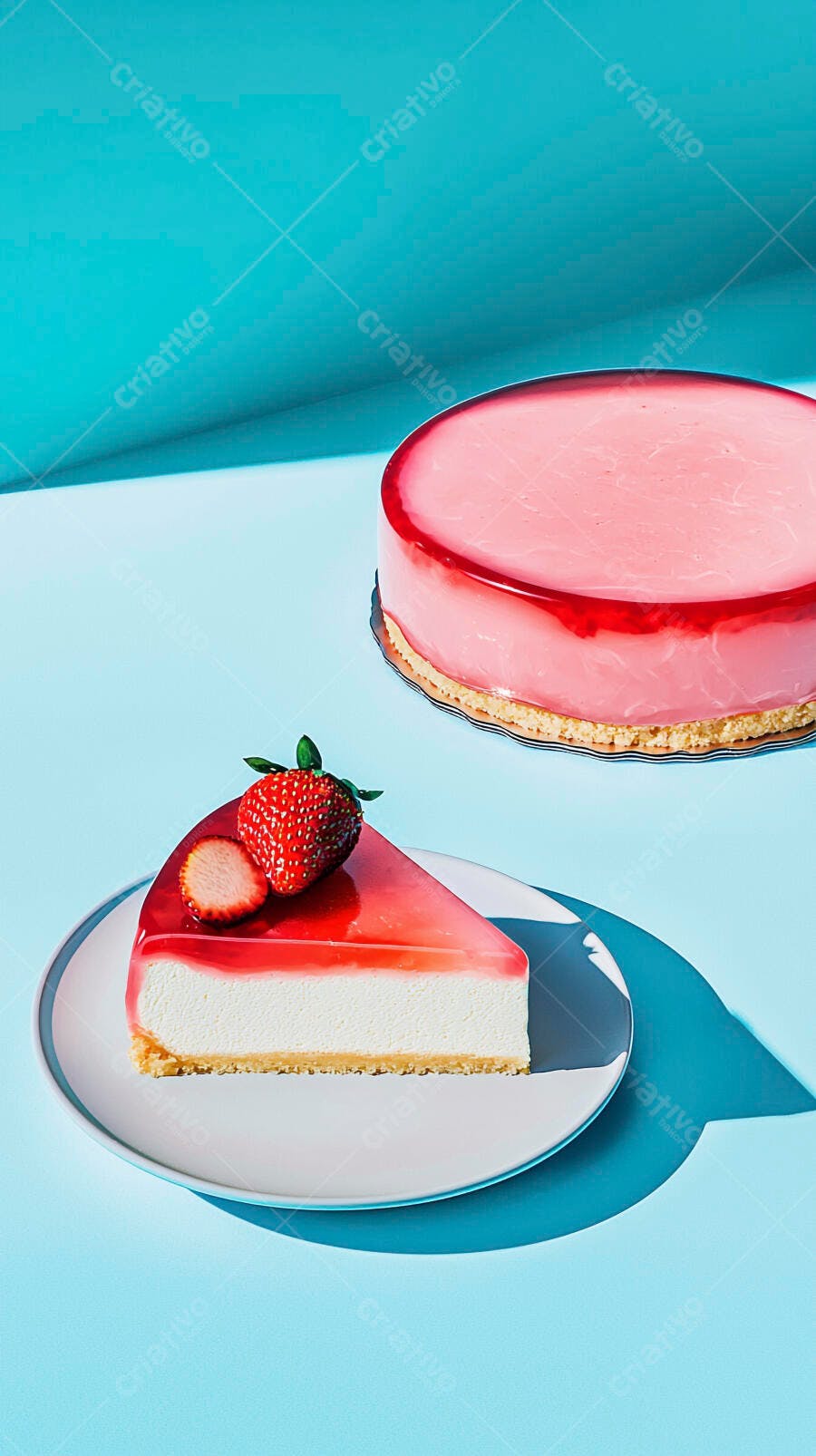 Torta cheesecake de morango com fatia e bolo inteiro sobre fundo azul claro
