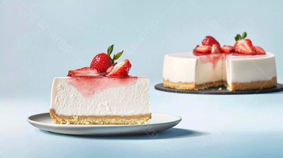 Fatia de cheesecake de morango fresco com calda em fundo azul claro
