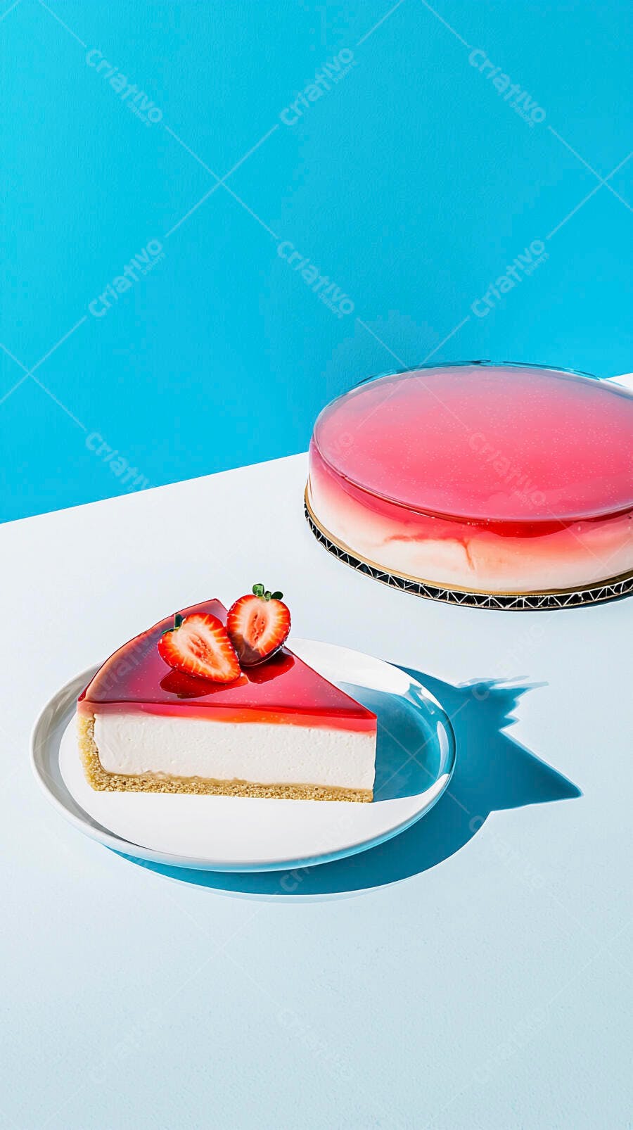 Fatia de cheesecake de morango sobre fundo azul claro com bolo inteiro e frutas vermelhas