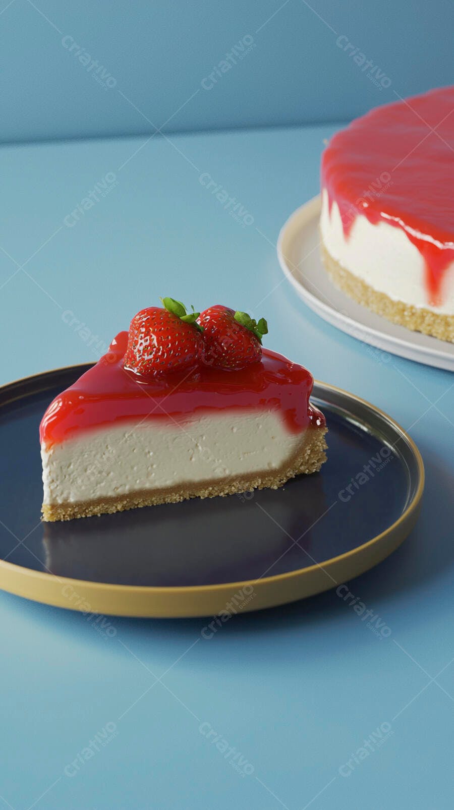 Torta cheesecake de morango fresca com calda e fundo azul claro