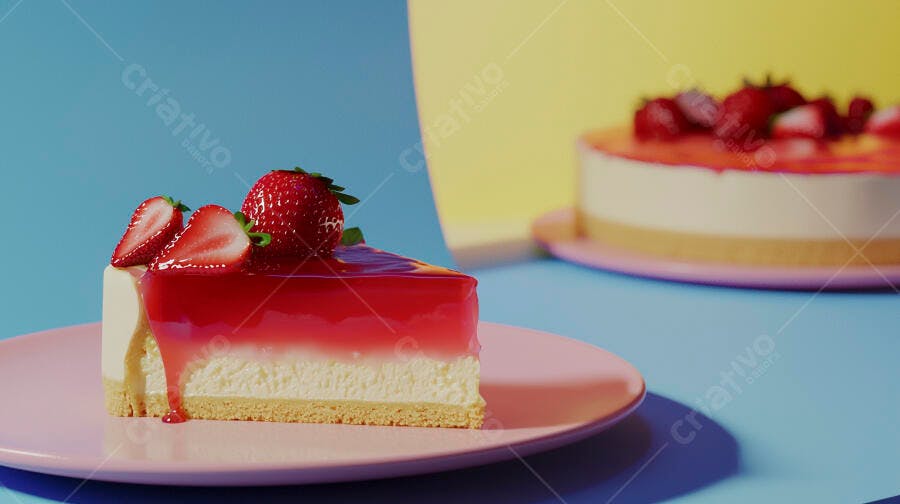 Fatia de cheesecake de morango fresco com calda e frutas em fundo colorido