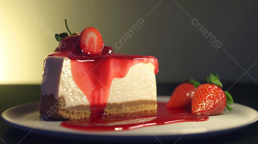 Fatia de cheesecake com calda de morango e frutas frescas em prato branco