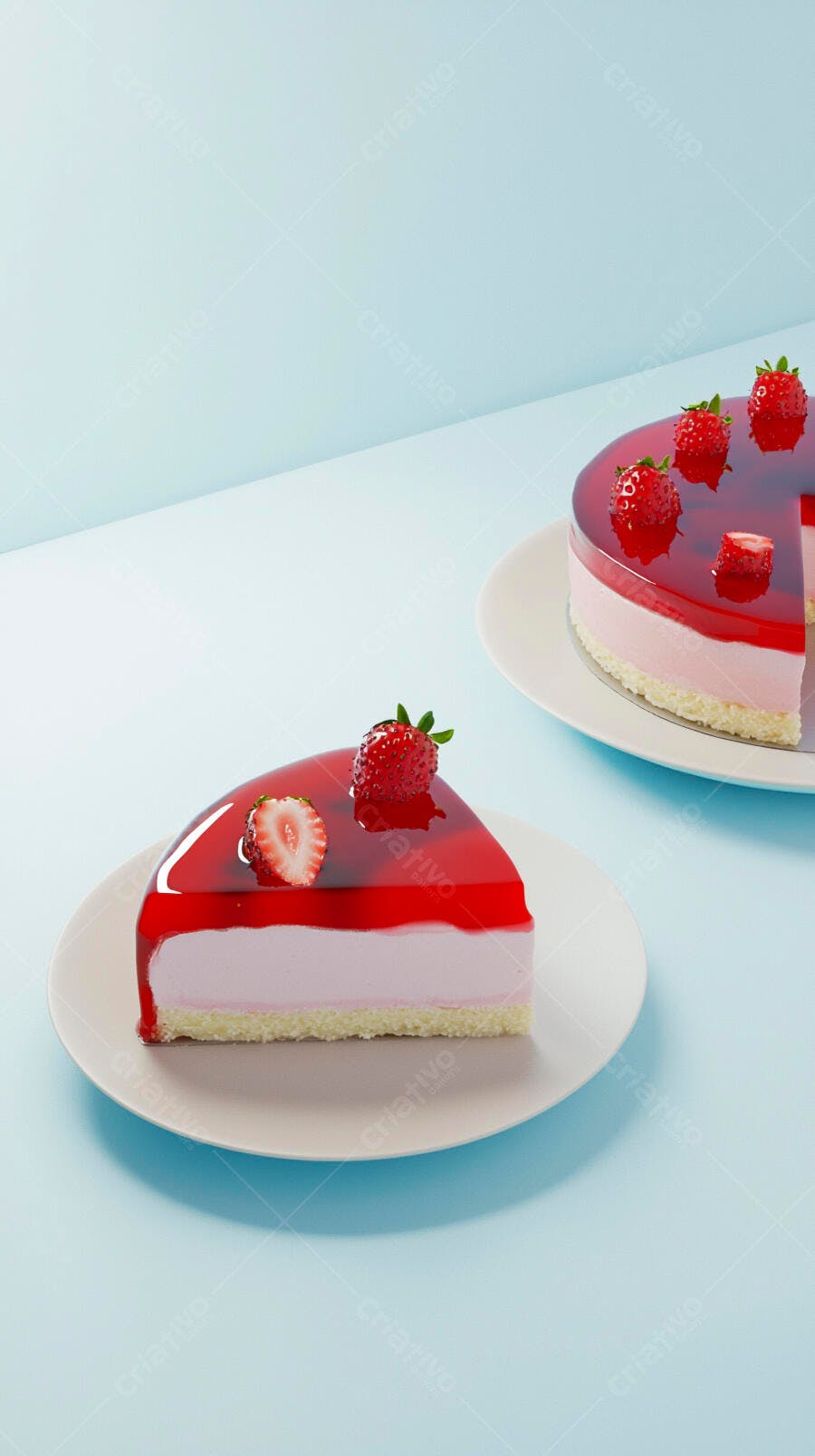 Fatia de bolo mousse morango com calda de frutas vermelhas sobre fundo azul pastel