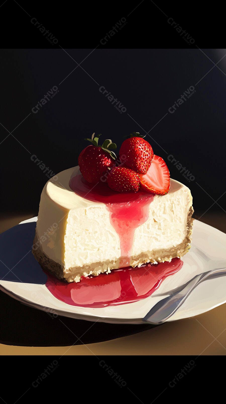 Cheesecake com calda de morango e frutas frescas em prato branco