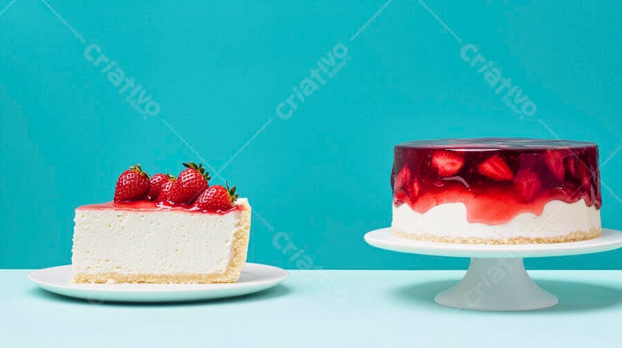 Cheesecake de morango e torta gelada em fundo azul vibrante