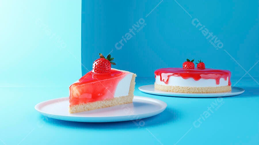 Bolo de morango fatia e inteiro com calda vermelha em fundo azul vibrante