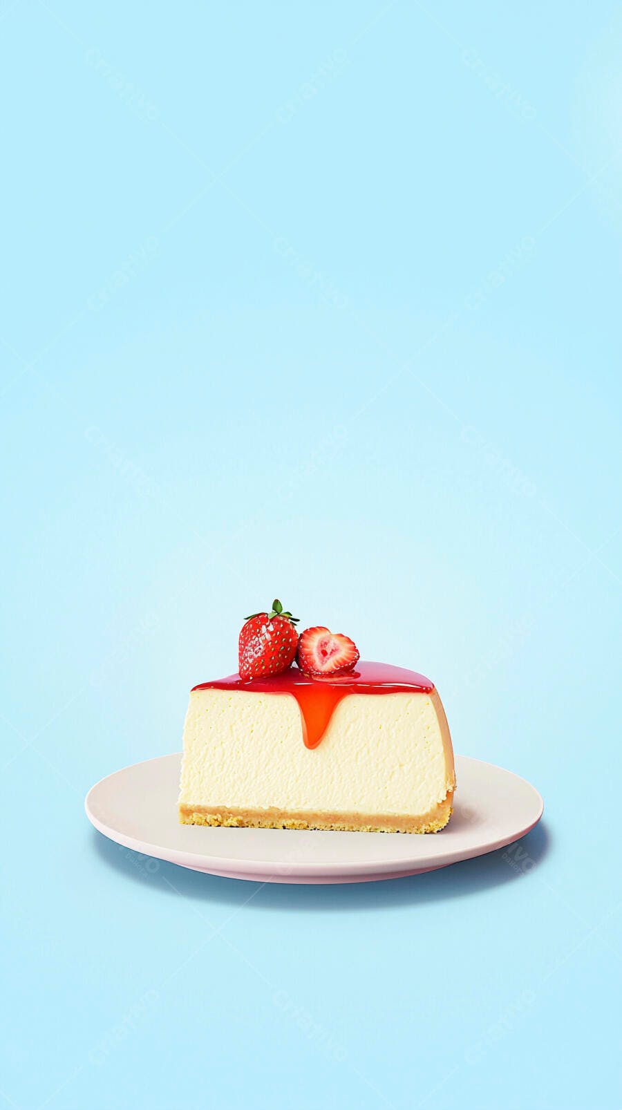 Fatia de cheesecake com calda de morango e frutas frescas em prato rosa