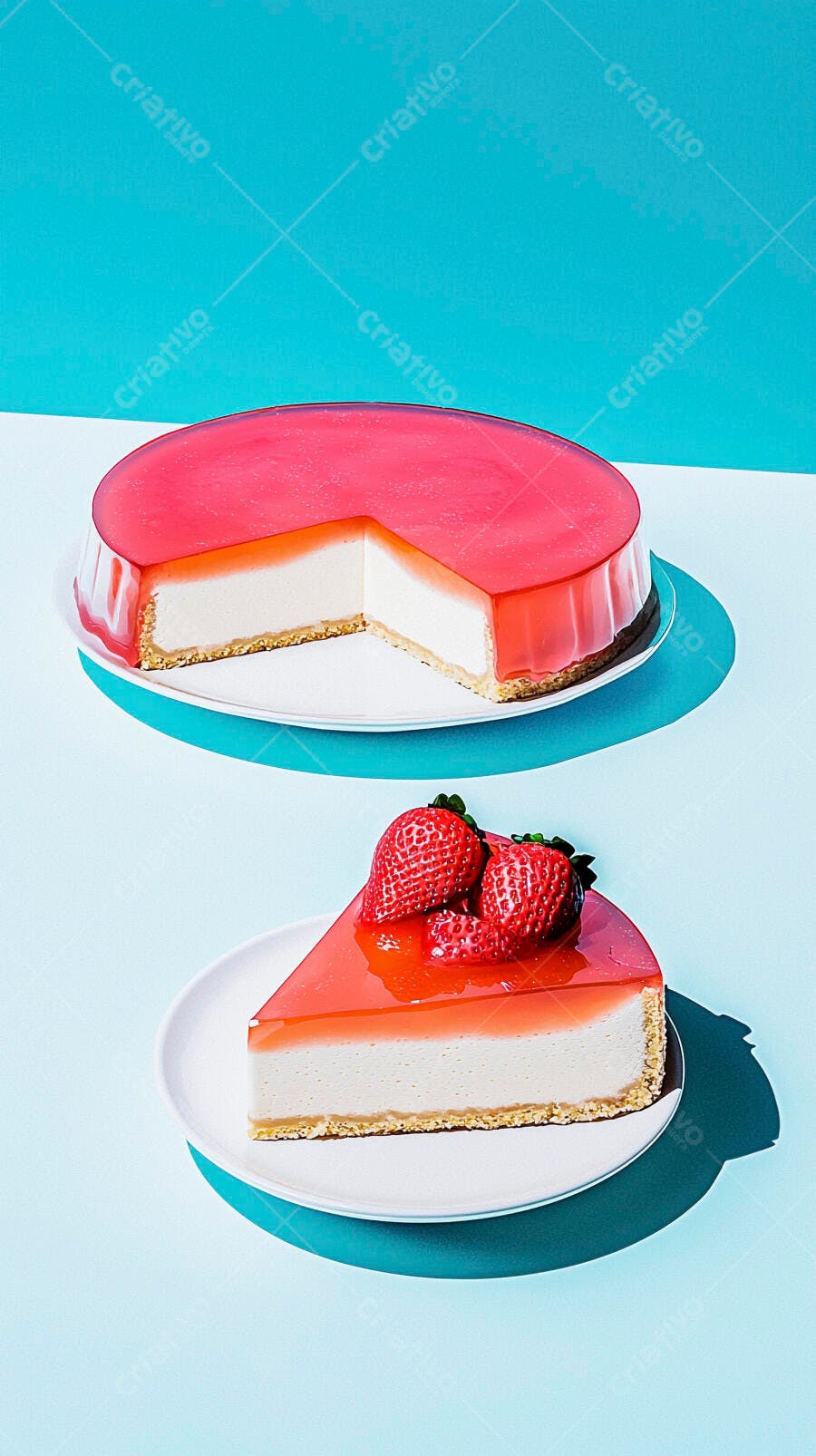 Cheesecake de morango com geleia e fatia em fundo azul vibrante
