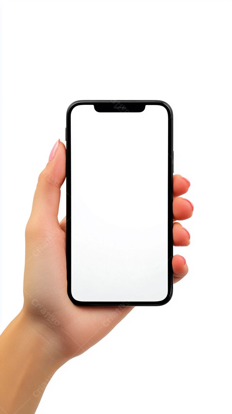 Mão feminina segurando smartphone preto tela branca fundo branco