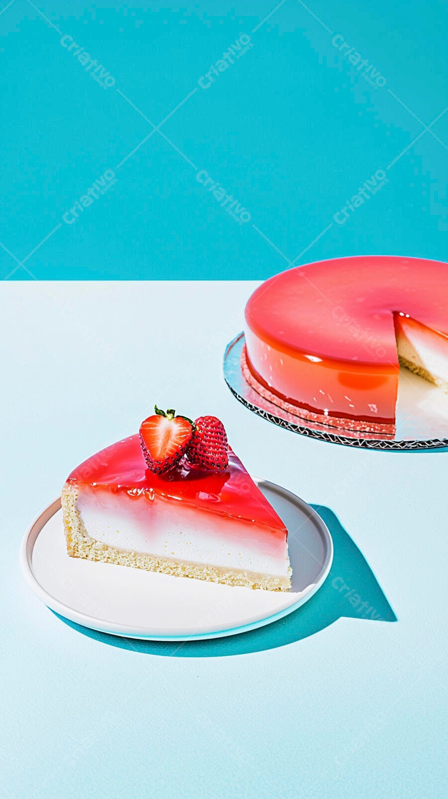 Cheesecake de morango com geleia em fundo azul claro
