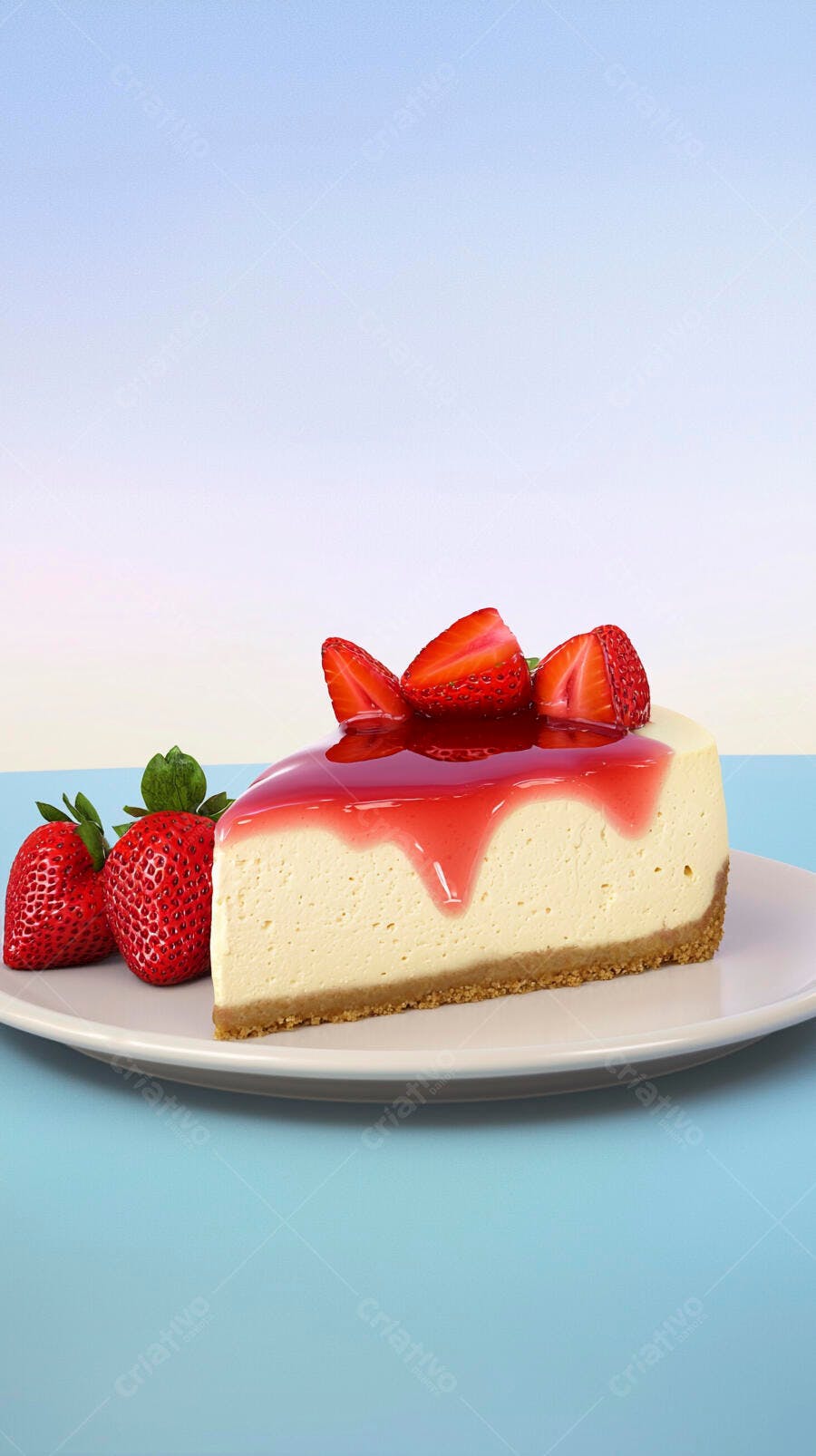 Fatia de cheesecake com calda de morango e morangos frescos em fundo azul claro