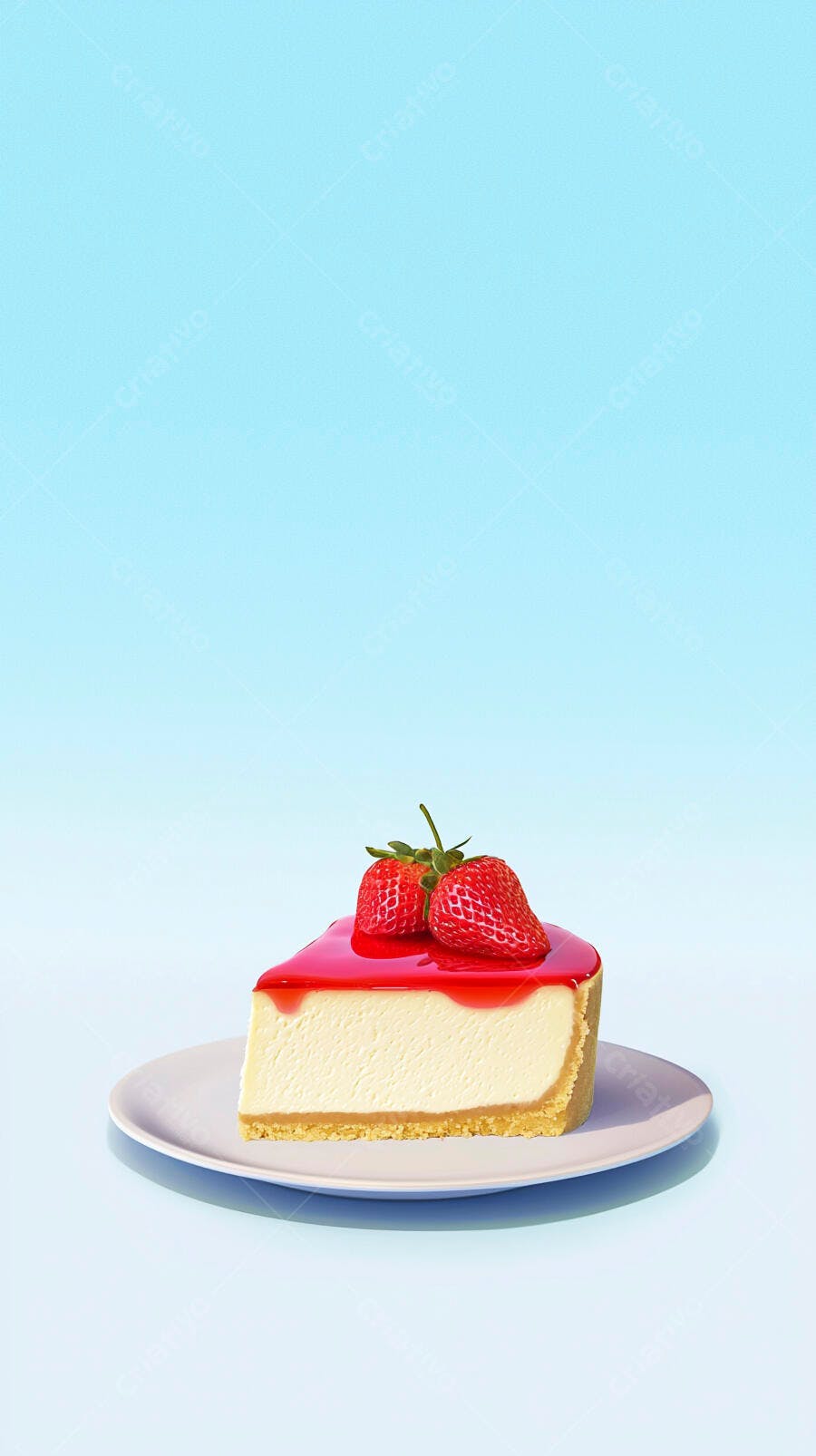 Fatia de cheesecake com cobertura de morango e frutas frescas em fundo azul claro