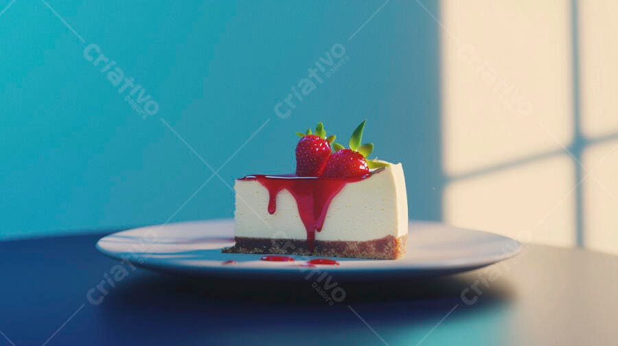 Fatia de cheesecake com morangos frescos e calda vermelha em fundo azul