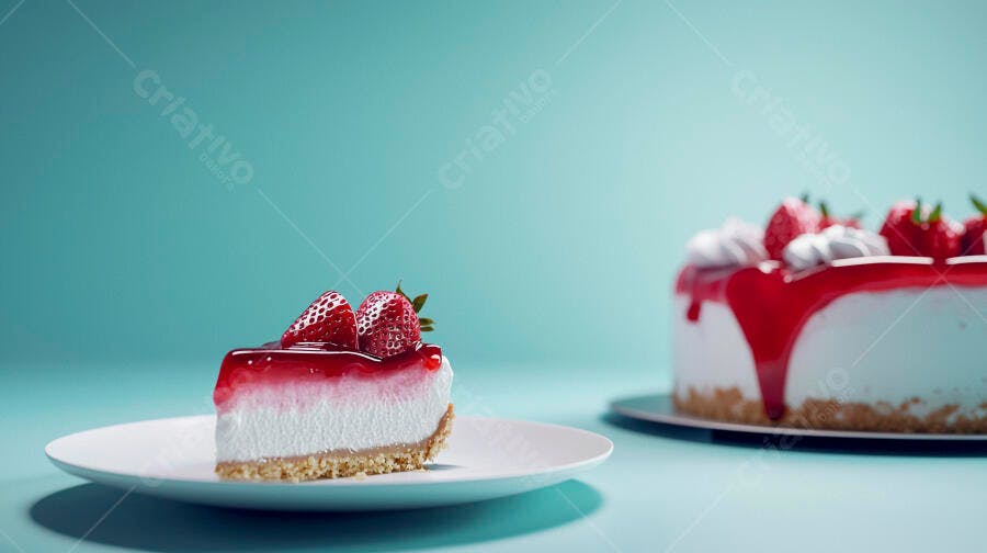 Fatia de cheesecake de morango com calda vermelha em fundo azul claro